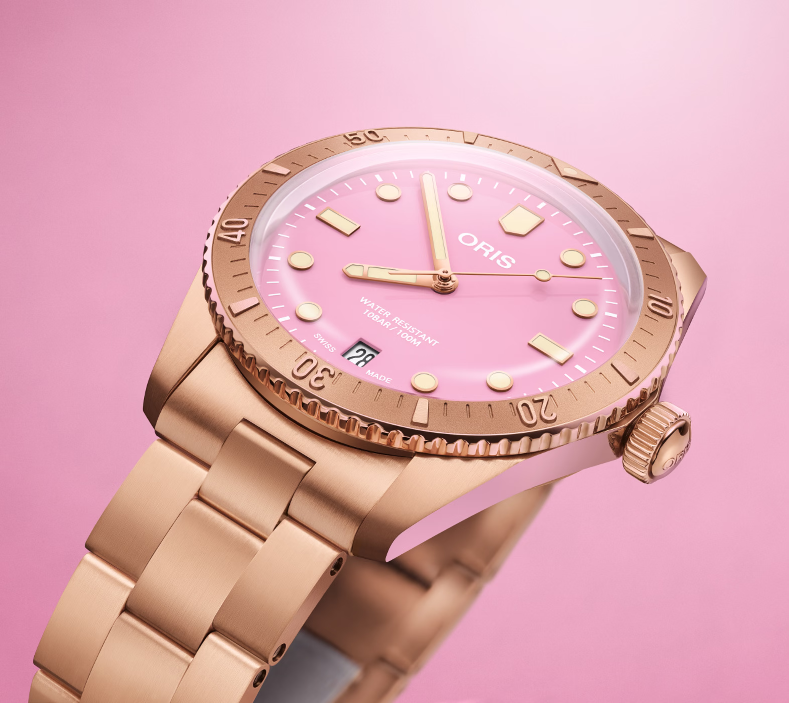 Oris Divers Sixty-Five Cotton Candy 38mm, bronze, Swiss-made movement, pink men's watch 01 733 7771 3158-07 8 19 15