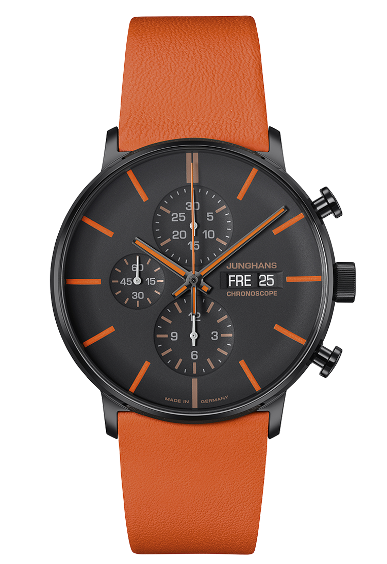 27_4370-00_frontxli6YigJN3Q54 Junghans FORM A Chronoscope 027/4370.00 orange Herrenuhr
