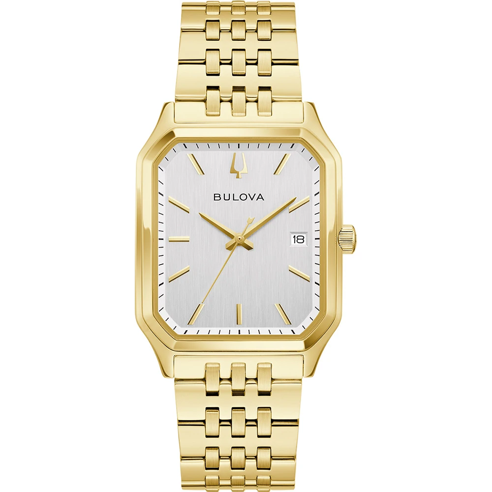 Bulova We Are All Here, Analog Quartz, rechteckiges Edelstahlgehäuse, Gold Herrenuhr 97B236