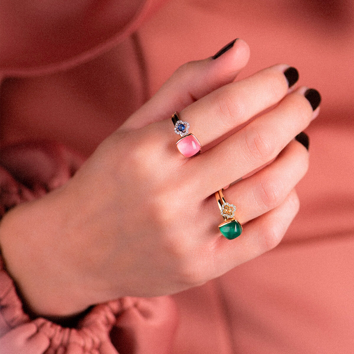 One More Pantelleria Ring in 18 Karat Roségold gefasst mit Bergkristall auf Grünquarz 051576Y3