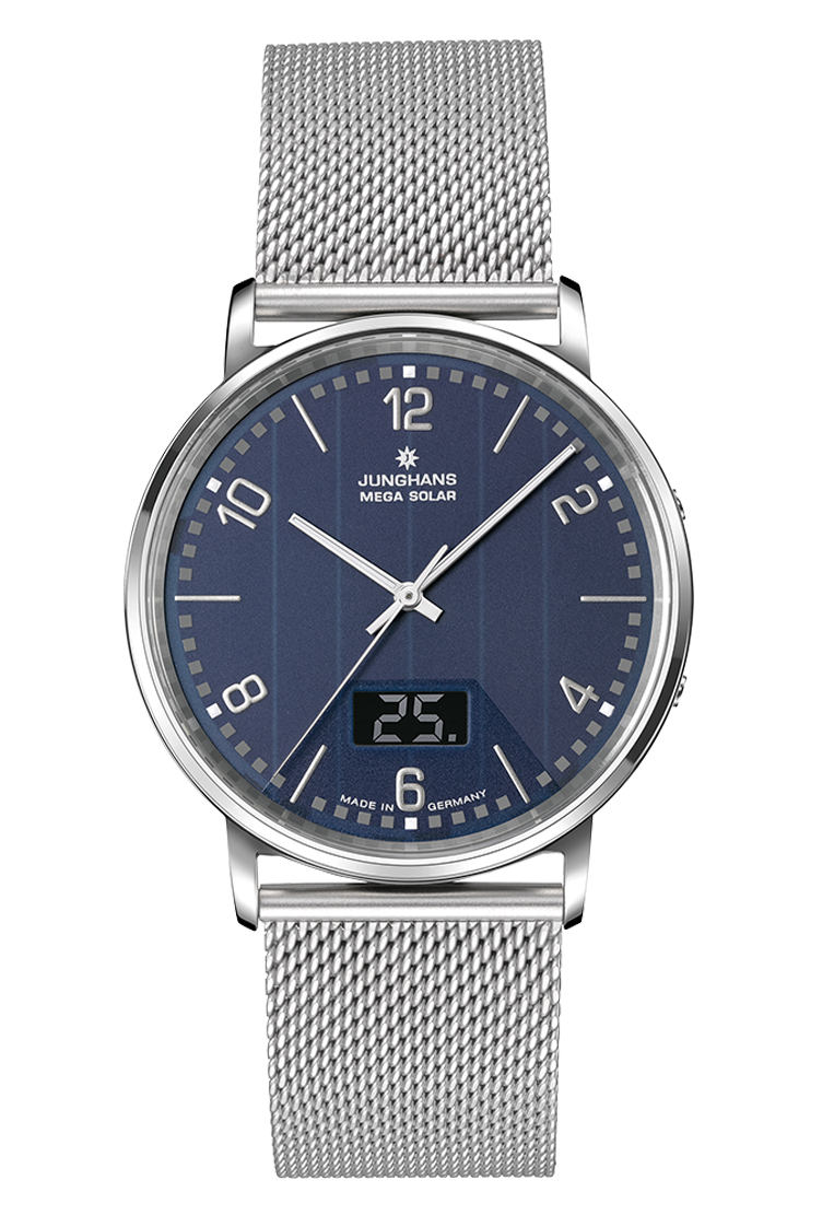 Junghans Milano Mega Solar, Milanaiseband mit Sicherheitsschließe, Multifrequenz-Funk-Solarwerk Herrenuhr 56/4629.44