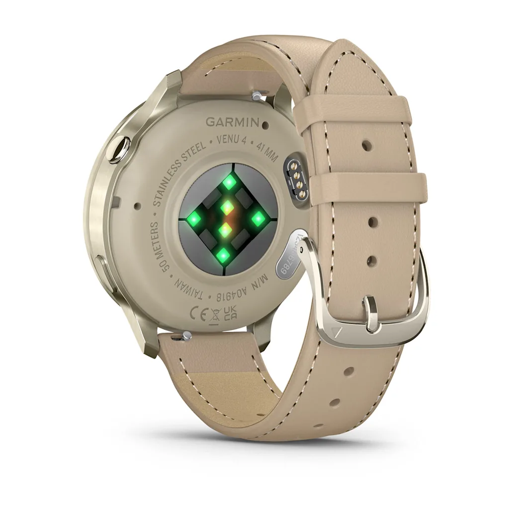 Garmin Venu® 4 - 41 mm Beige/Lunargold mit Schnellwechsel-Leder-Armband 18 mm Heller Sand Unisexuhr 010-03013-03