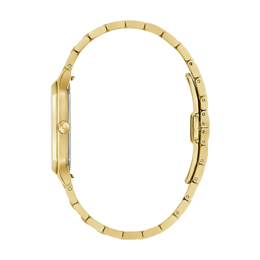 Bulova We Are All Here, Analog Quartz, rechteckiges Edelstahlgehäuse, Gold Herrenuhr 97B236