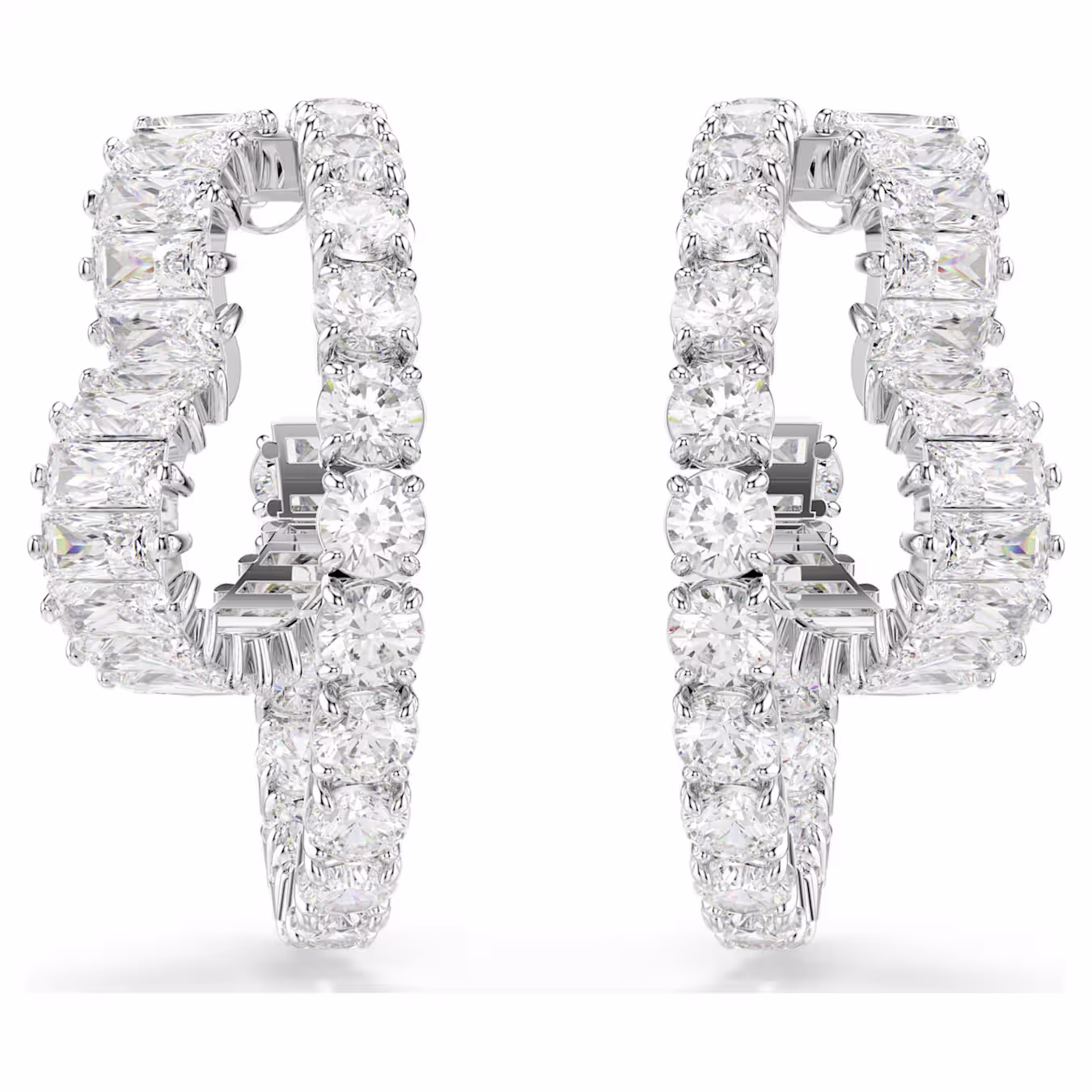 Swarovski Matrix hoop earrings, various cuts, heart, white, rhodium-plated