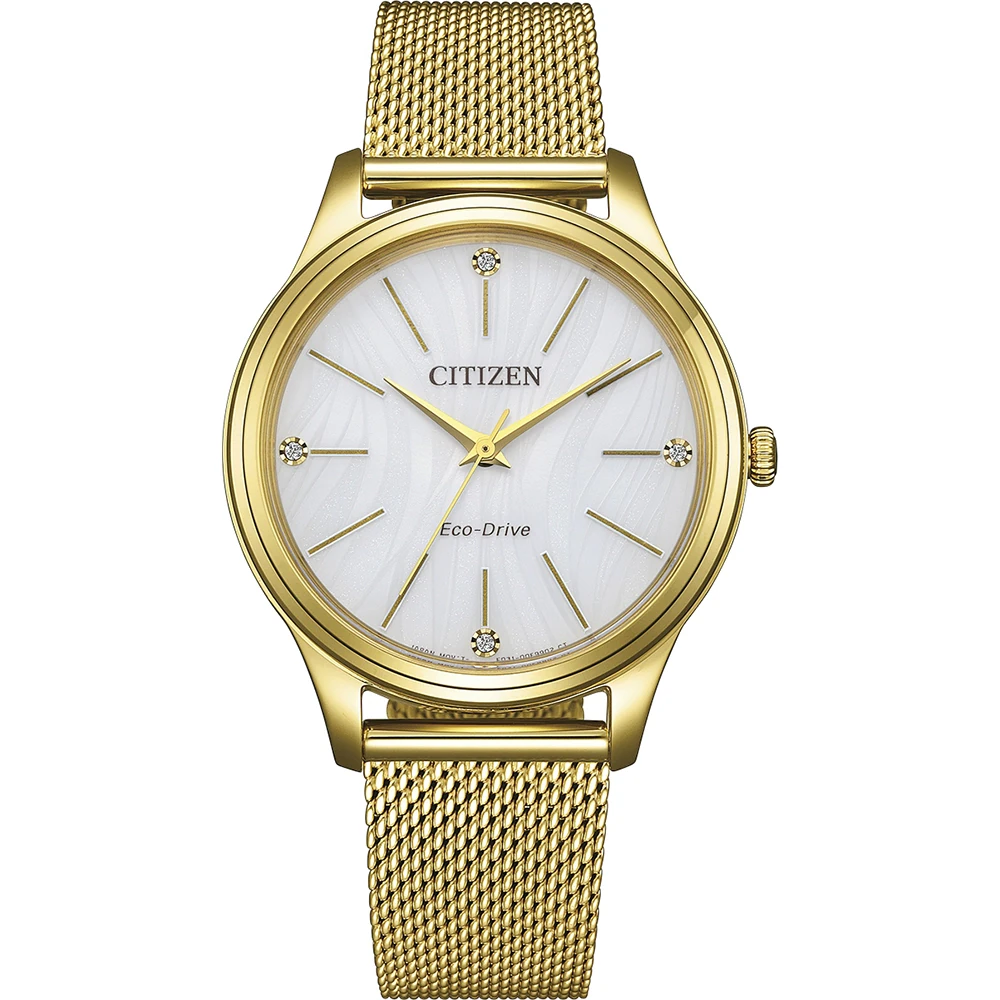 Citizen Eco-Drive Analog Quartz Edelstahl weiß, 34mm, Milanaiseband Damenuhr EM1222-87A