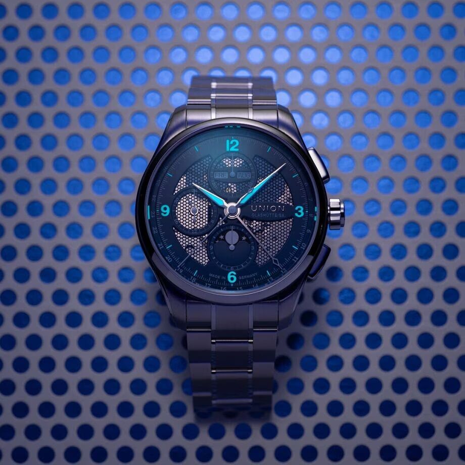 Union Glashütte skelettiertes Zifferblatt blau Belisar Chronograph D014.425.11.042.00