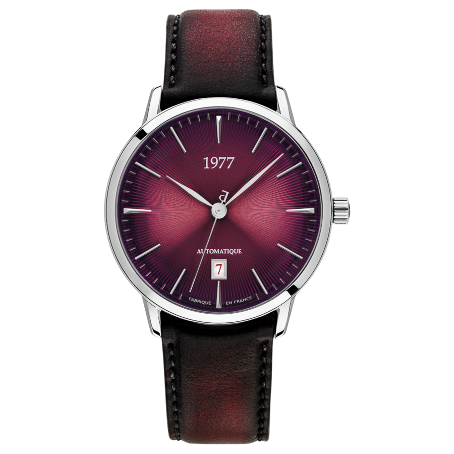 1977 EDMOND Automatique, 40 MM, Cadran Lie-de-vin, Bracelet Cuir Lie-de-vin Men's Watch 1977P01155