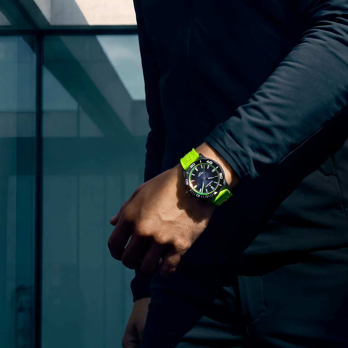 Maurice Lacroix PONTOS S SOLAR SPECIAL EDITION, 42 mm, Neon Green Rubber Strap Men's Watch PT1008-DLB00-330-5