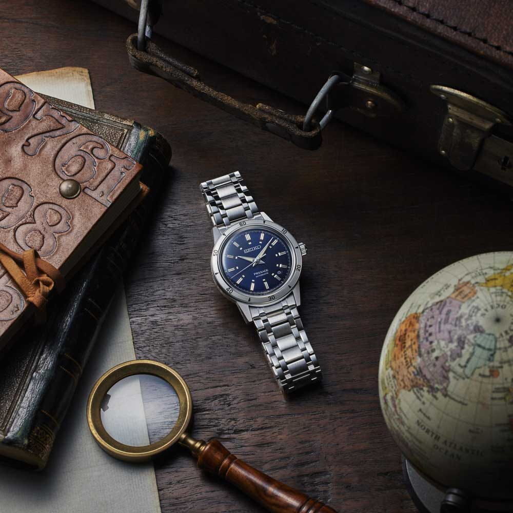 Herrenuhr-Presage-Style-60-Automatikwerk-blaue-Zifferblatt-Lunette-2 Seiko Presage Style 60's Automatic Men's Watch SRPL07J1