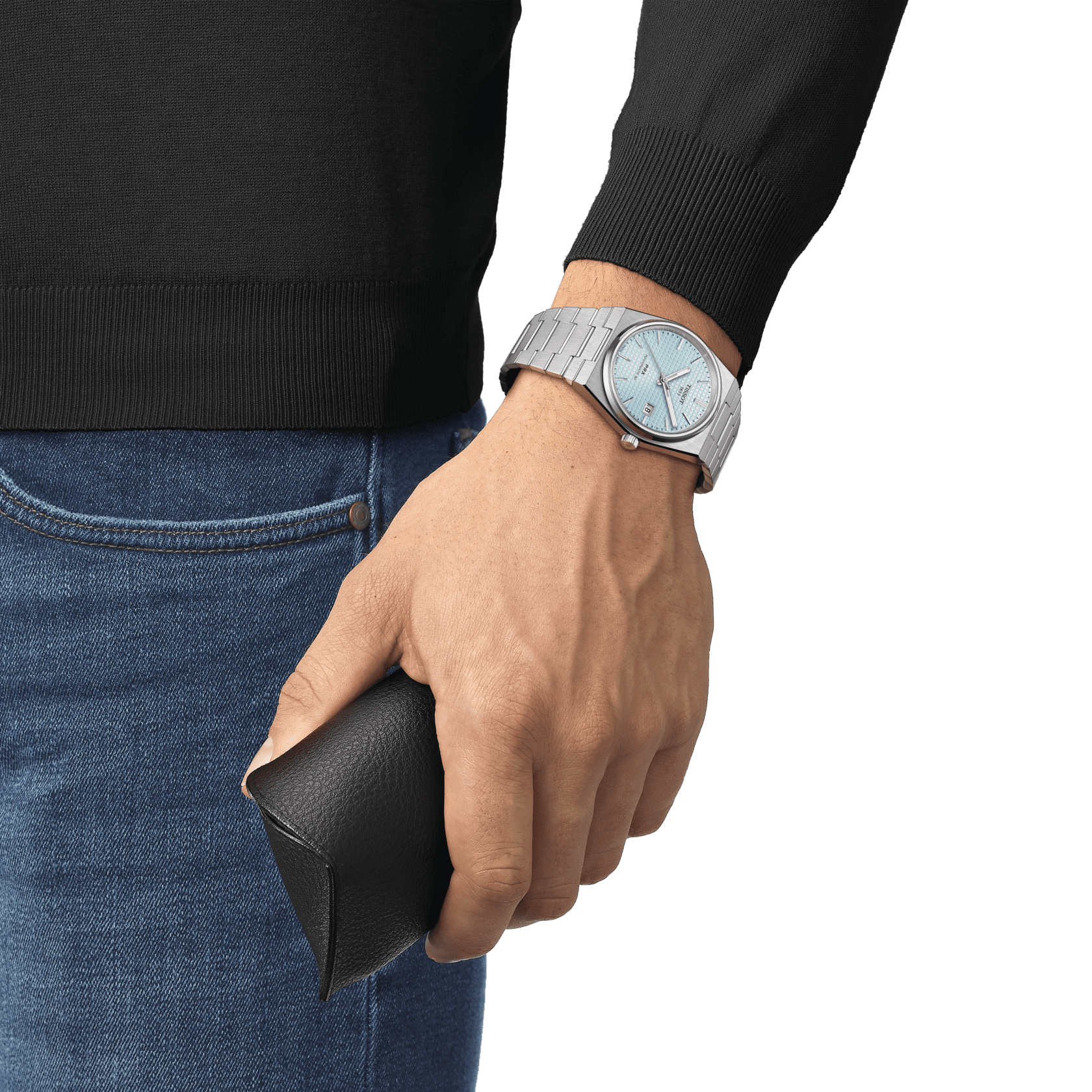 T137-407-11-351-00_WRIST_2 Tissot PRX Powermatic 80 Light Blue T137.407.11.351.00 Set with Black Rubber Strap