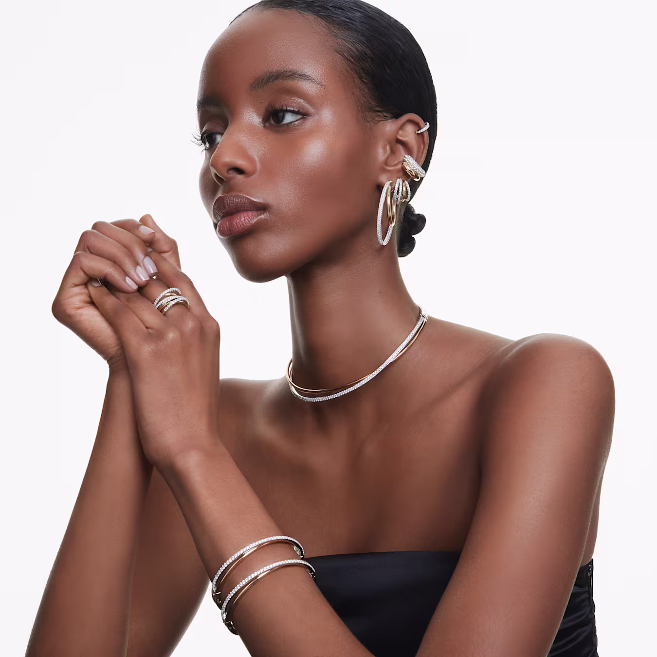 Swarovski Hyperbola hoop earrings, various cuts, mini, white, metal mix