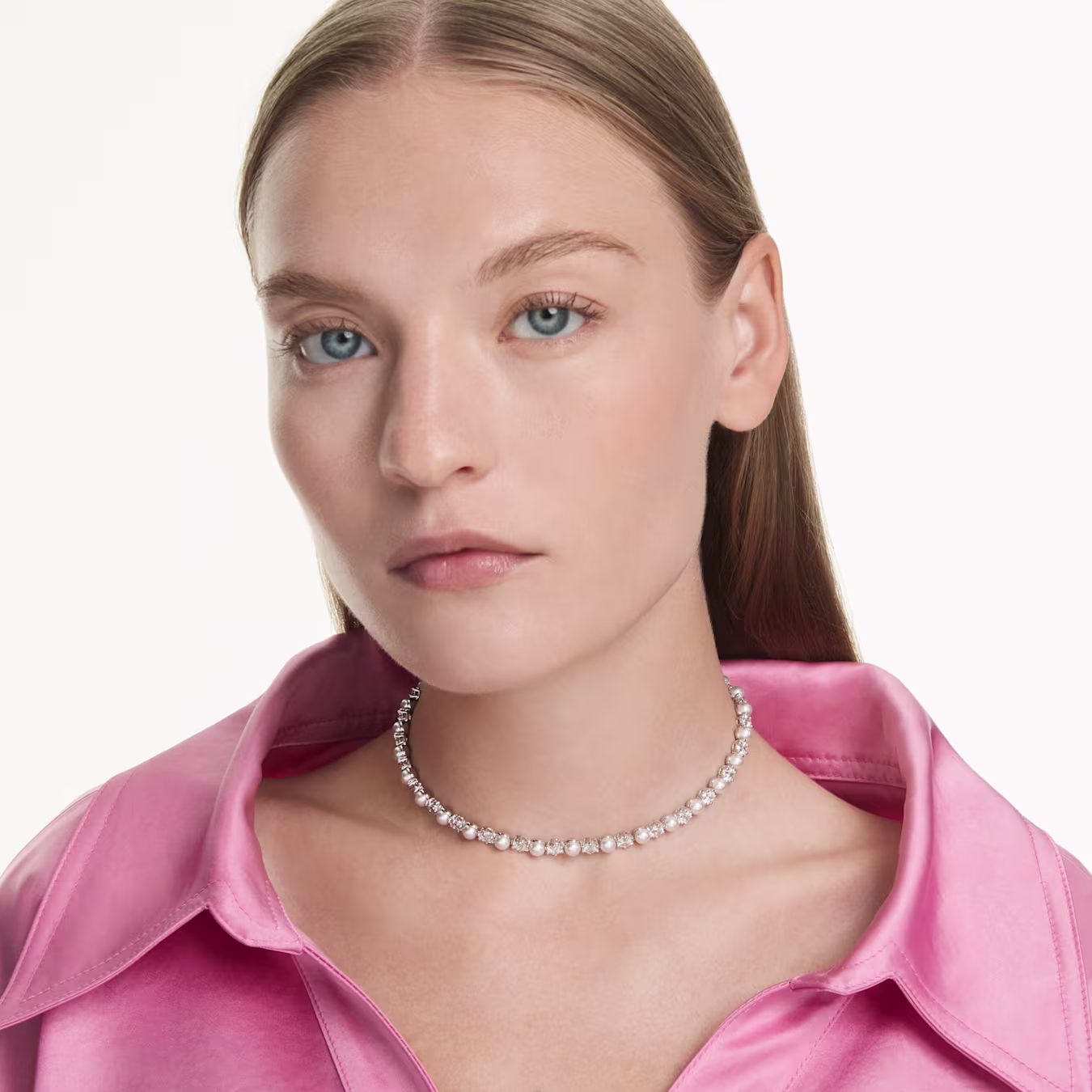 Swarovski Matrix Tennis Halskette Kristallperle, Rundschliff, Weiß, Rhodiniert