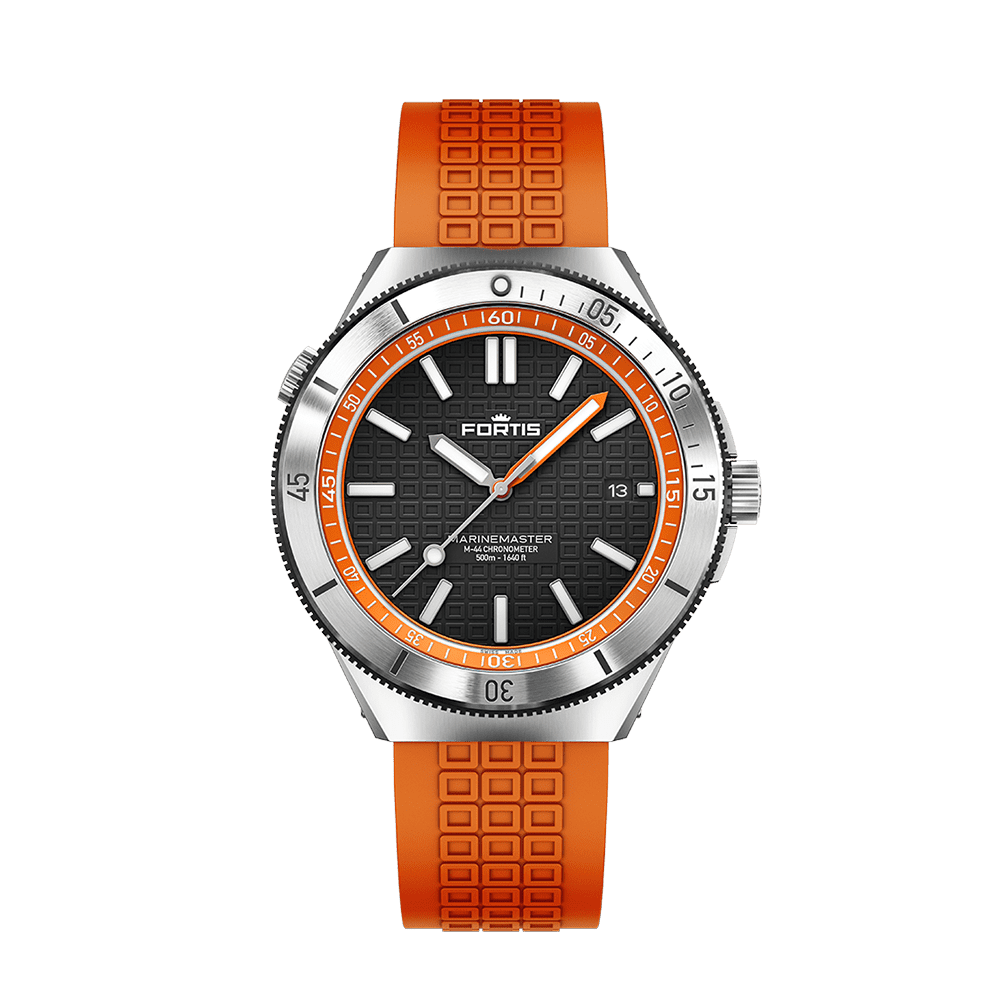 F8120013_M44_AmberOrange_HorizonStrap_Front-featured Fortis Marinemaster M-44 Amber Orange Men's Watch F8120013