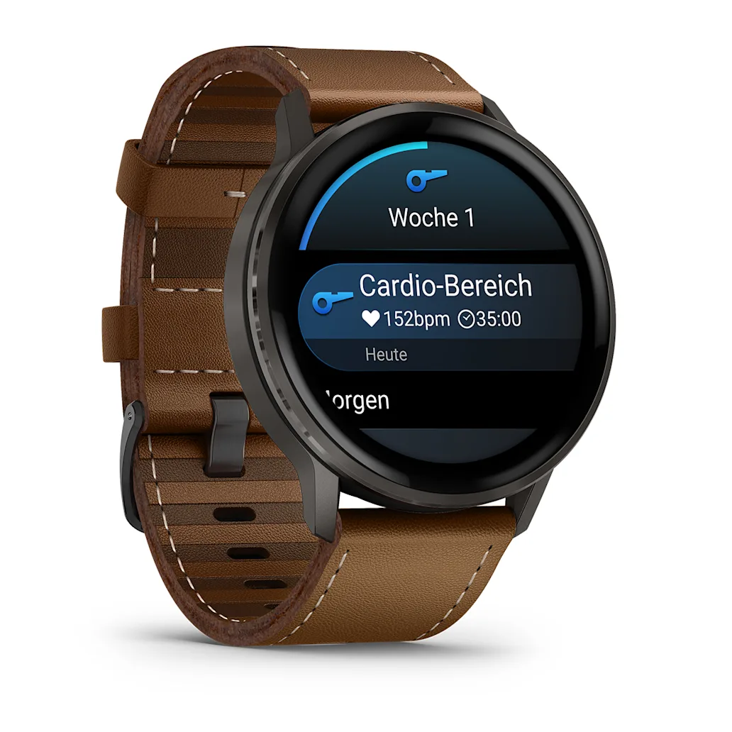 Garmin Venu® 4 - 45 mm Schwarz/Schiefergrau mit Schnellwechsel-Leder-Armband 22 mm Dunkelbraun Unisexuhr 010-03014-03