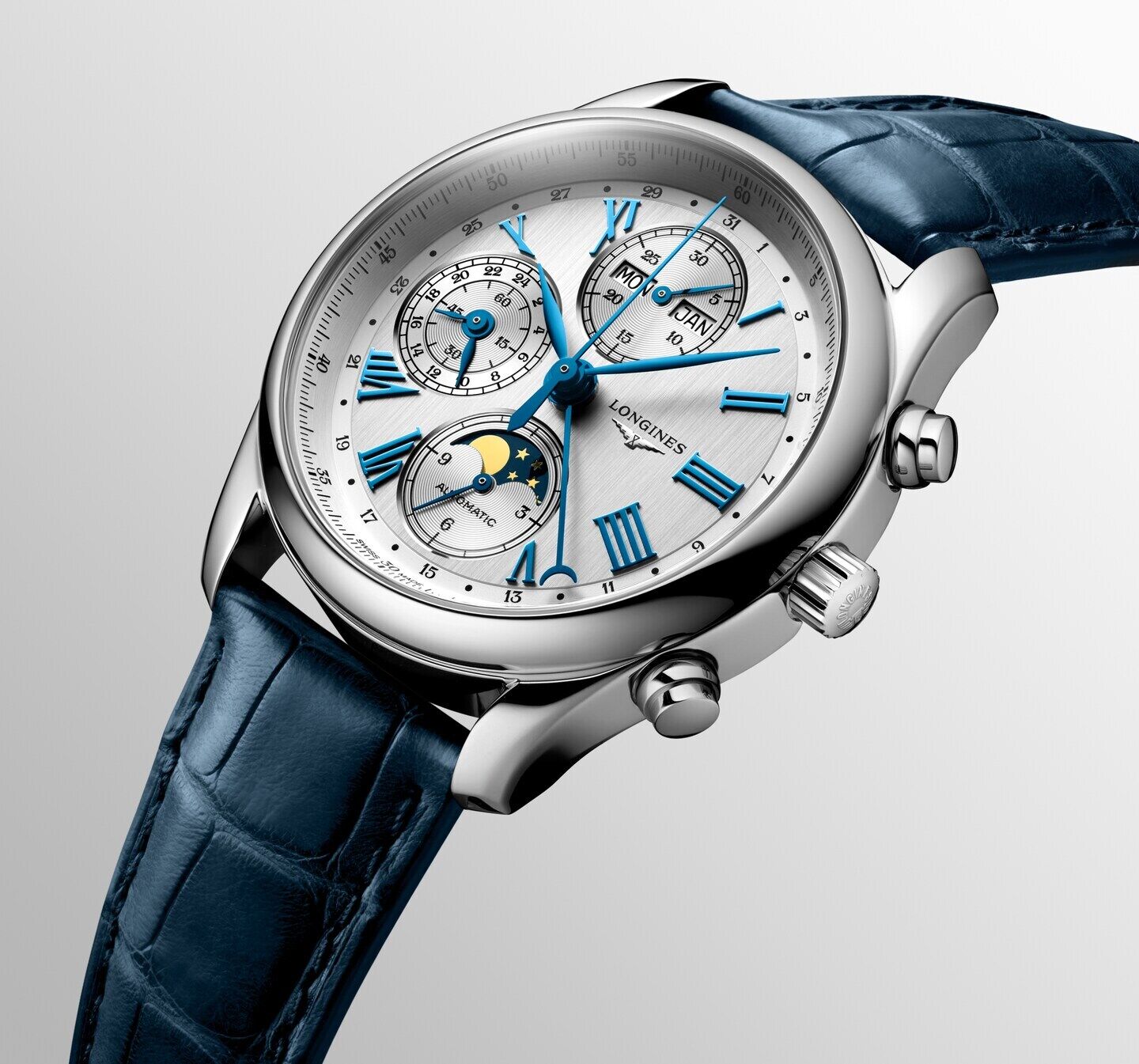 Longines Master Collection Chrono Mondphase Silber Lederband Herrenuhr L2.673.4.71.2
