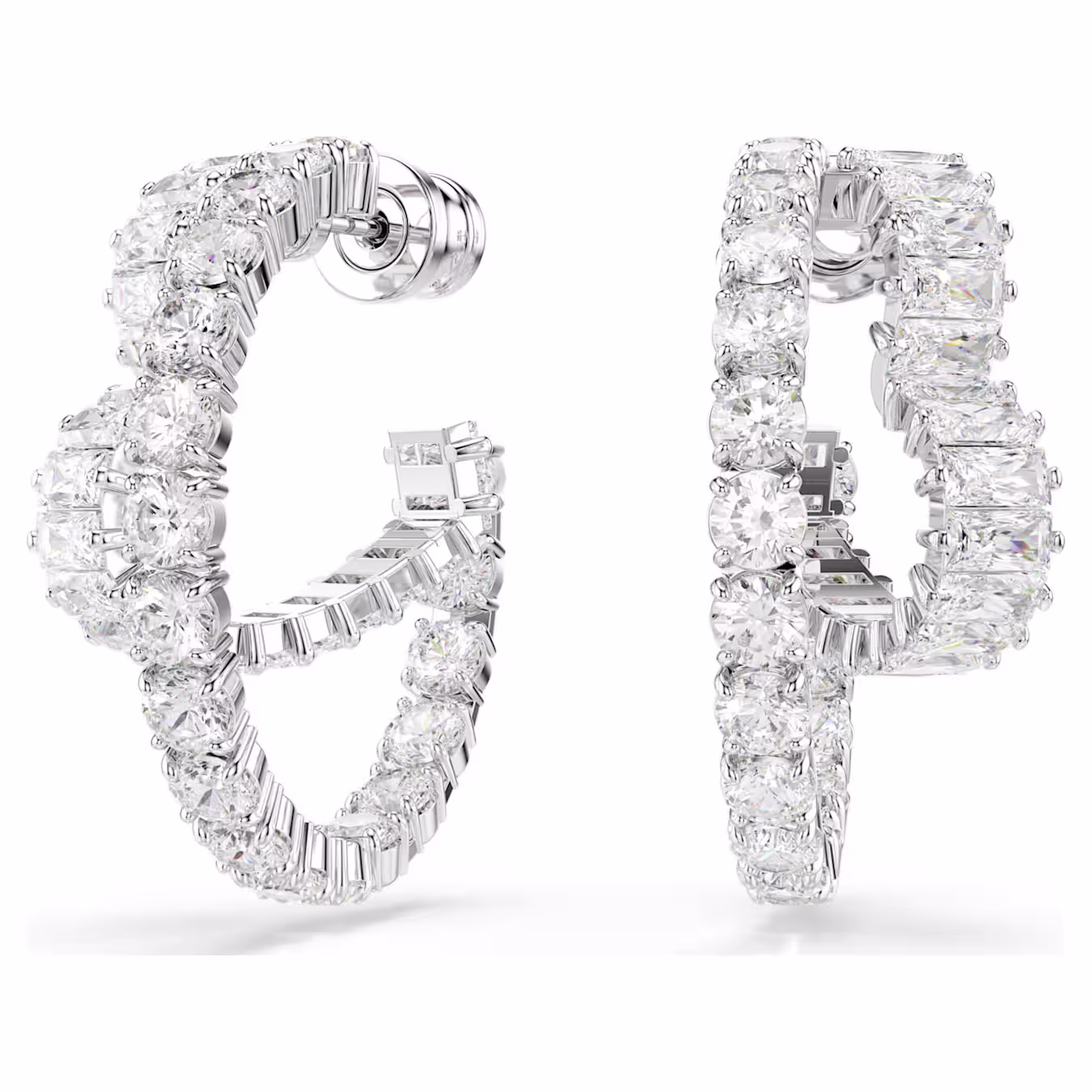 Swarovski Matrix hoop earrings, various cuts, heart, white, rhodium-plated