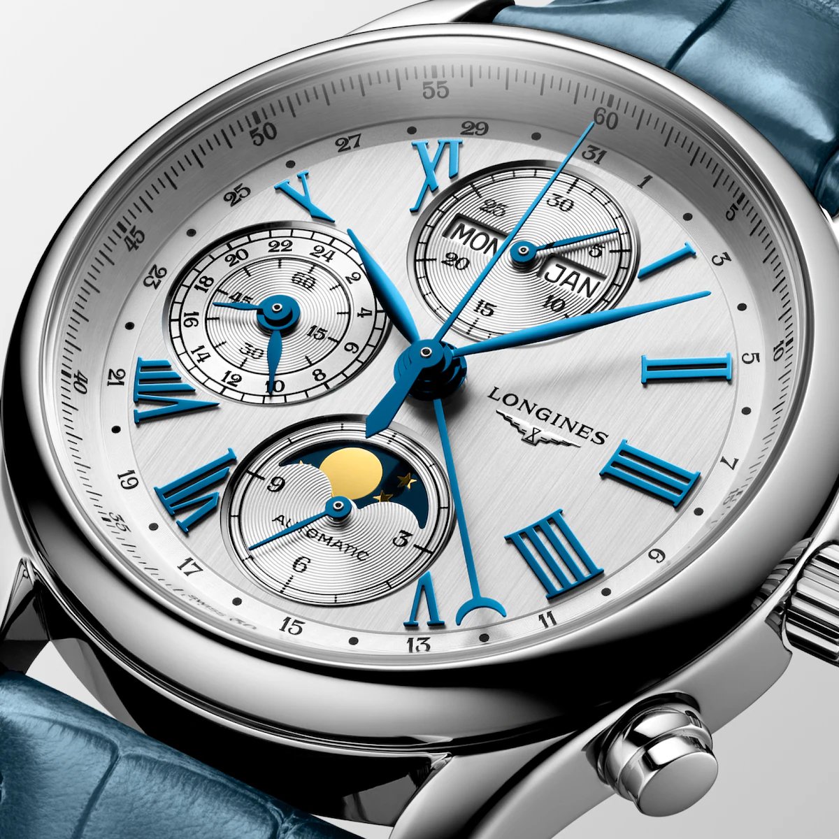 Longines Master Collection Chrono Mondphase Silber Lederband Herrenuhr L2.673.4.71.2