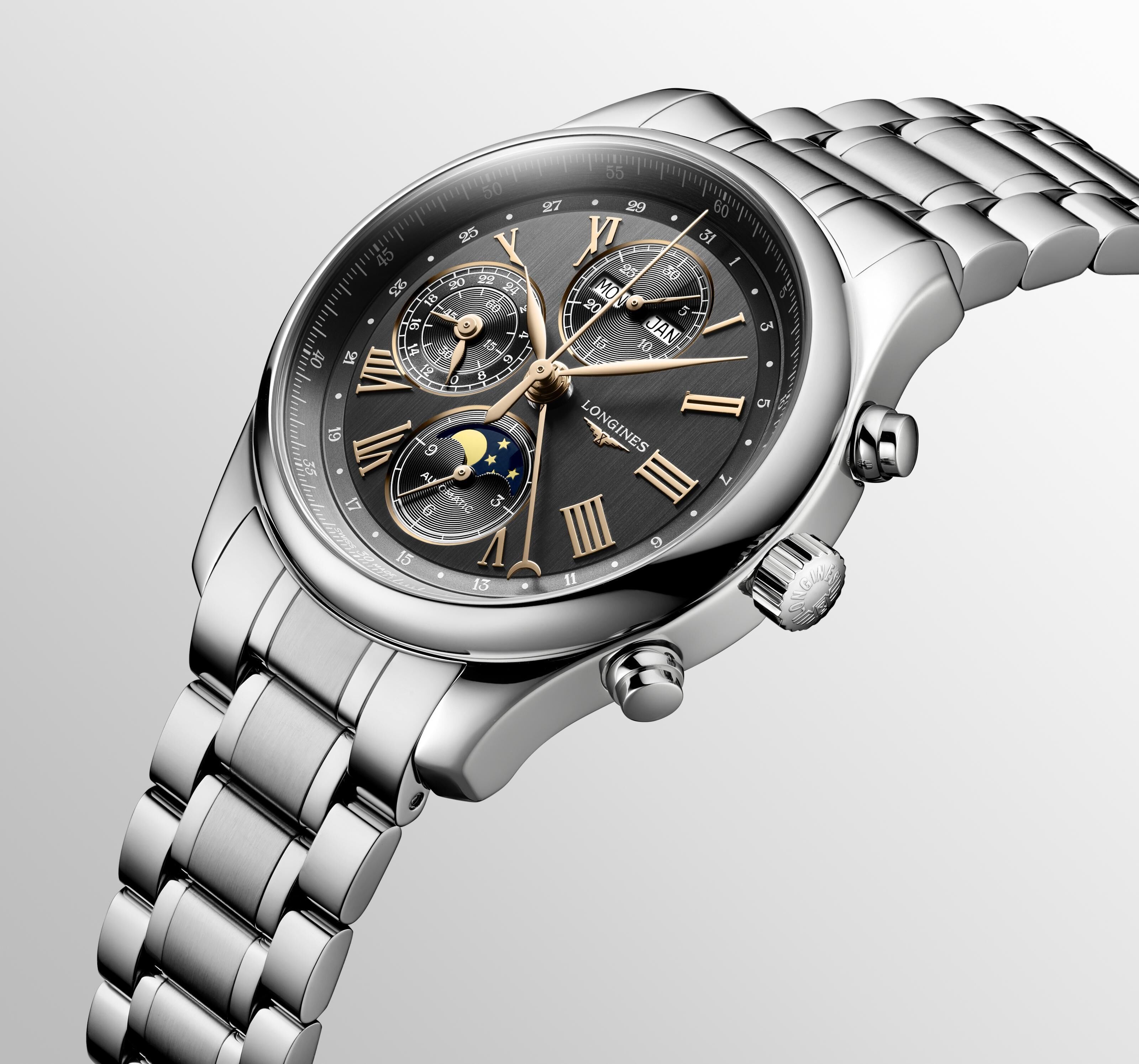 Longines Master Collection Chrono Mondphase Anthrazit Edelstahlband Herrenuhr L2.773.4.61.6
