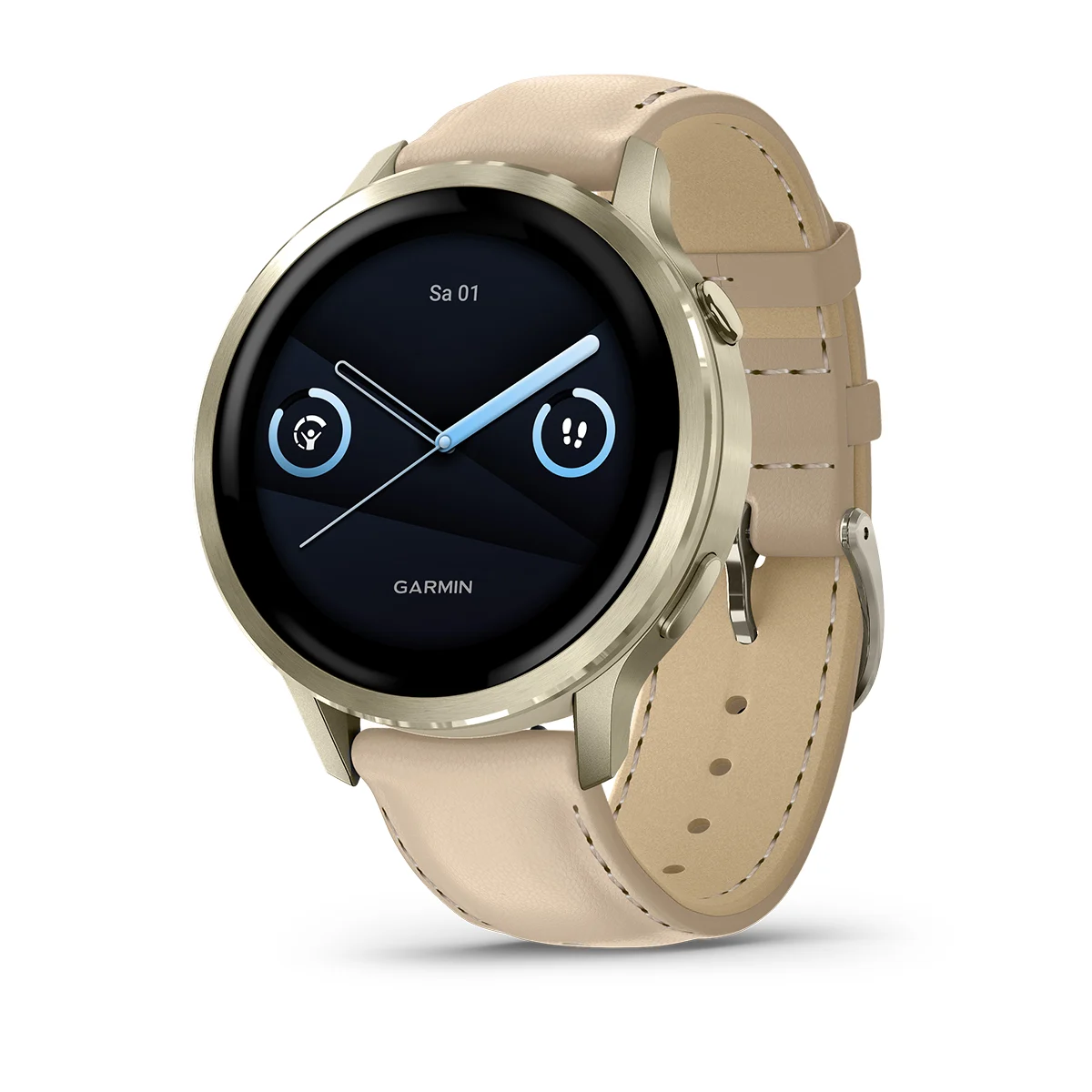 Garmin Venu® 4 - 41 mm Beige/Lunargold mit Schnellwechsel-Leder-Armband 18 mm Heller Sand Unisexuhr 010-03013-03