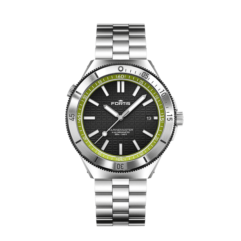 F8120020_M44_WoodpeckerGreen_BlockBracelet_Front-featured Fortis Marinemaster M-44 Woodpecker Green Men's Watch F8120020