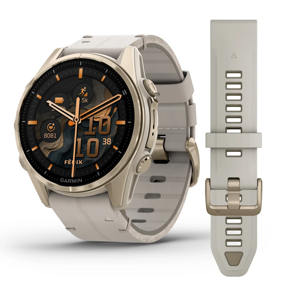 Garmin fēnix® 8 - 43 mm AMOLED Sapphire Nebelgrau/Softgold mit Lederarmband und Silikonband 010-02903-40 Garmin fēnix® 8 - 43 mm AMOLED Sapphire Nebelgrau/Softgold mit Lederarmband und Silikonband 010-02903-40
