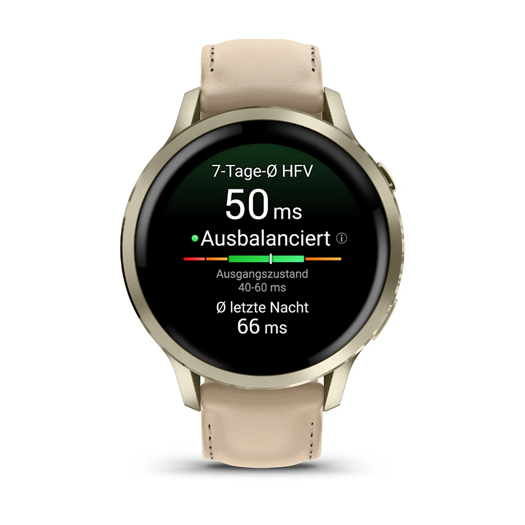 Garmin Venu® 4 - 41 mm Beige/Lunargold mit Schnellwechsel-Leder-Armband 18 mm Heller Sand Unisexuhr 010-03013-03