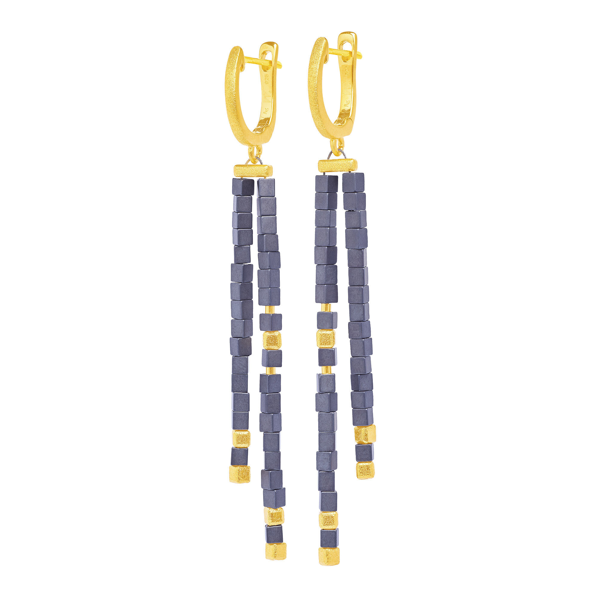 Bernd Wolf Ohrringe Cubilan Designlinie Cubes, Hämatin poliert, Blau, Gold