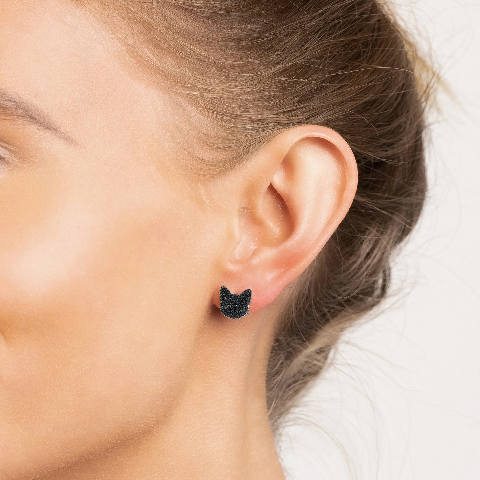 Seinerzeit Stecker Kuro Katzen Ohrringe, Sterling Silber mit schwarzen Zirkonia