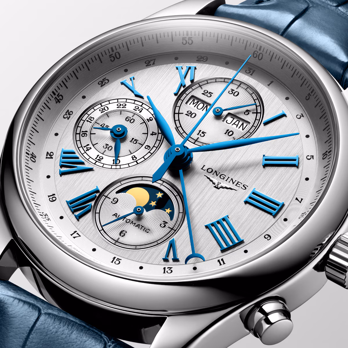 Longines Master Collection Chrono Mondphase Silber Lederband Herrenuhr L2.773.4.71.2