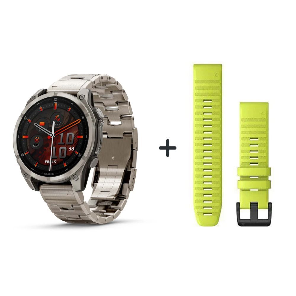 Garmin fēnix® 8 - 47 mm AMOLED Sapphire Graphit/Titanium Titan 010-02904-40 Bundle mit Neongelben Silikonband  Garmin fēnix® 8 - 47 mm AMOLED Sapphire Graphit/Titanium Titan 010-02904-40 Bundle mit Neongelben Silikonband
