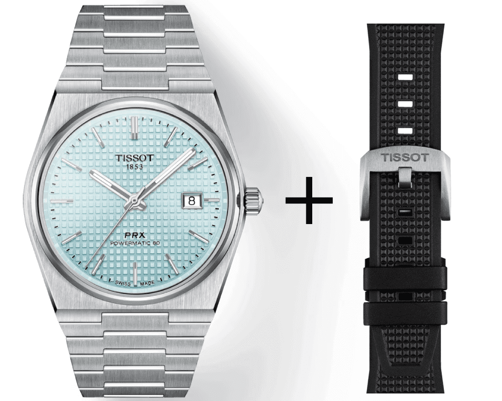 PRX-Set-Turkis-schwarz Tissot PRX Powermatic 80 Light Blue T137.407.11.351.00 Set with Black Rubber Strap