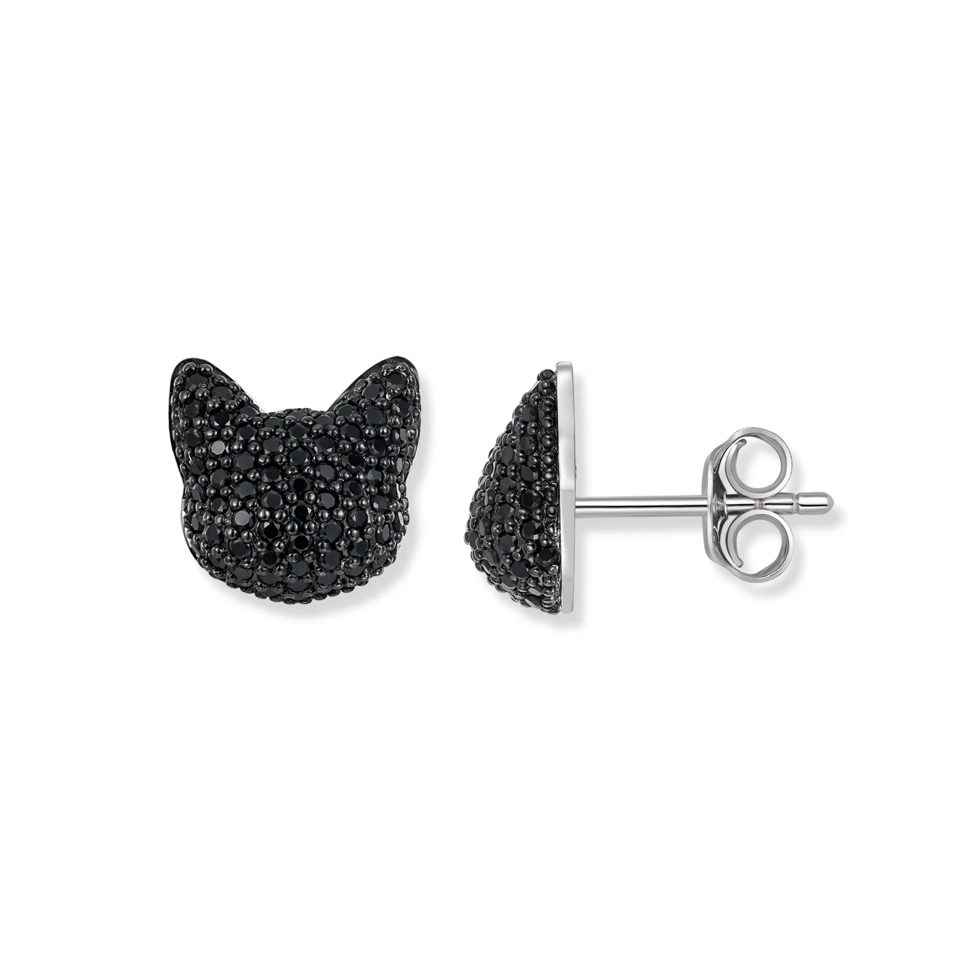 Seinerzeit Stecker Kuro Katzen Ohrringe, Sterling Silber mit schwarzen Zirkonia