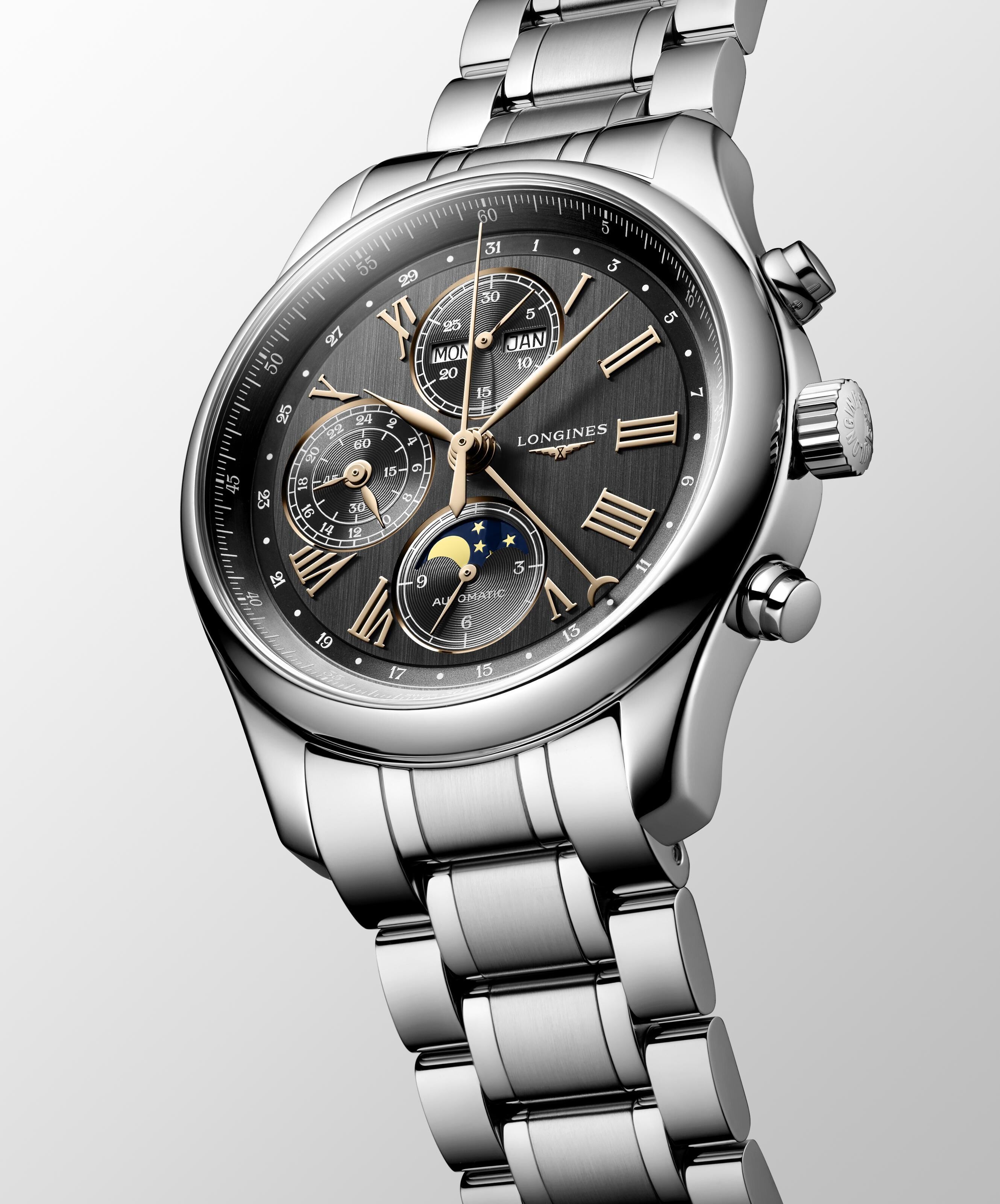 Longines Master Collection Chrono Mondphase Anthrazit Edelstahlband Herrenuhr L2.773.4.61.6
