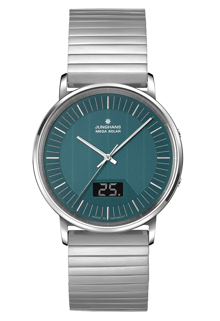 Junghans Milano Mega Solar, Edelstahlband mit Faltschließe, Multifrequenz-Funk-Solarwerk Herrenuhr 56/4621.44