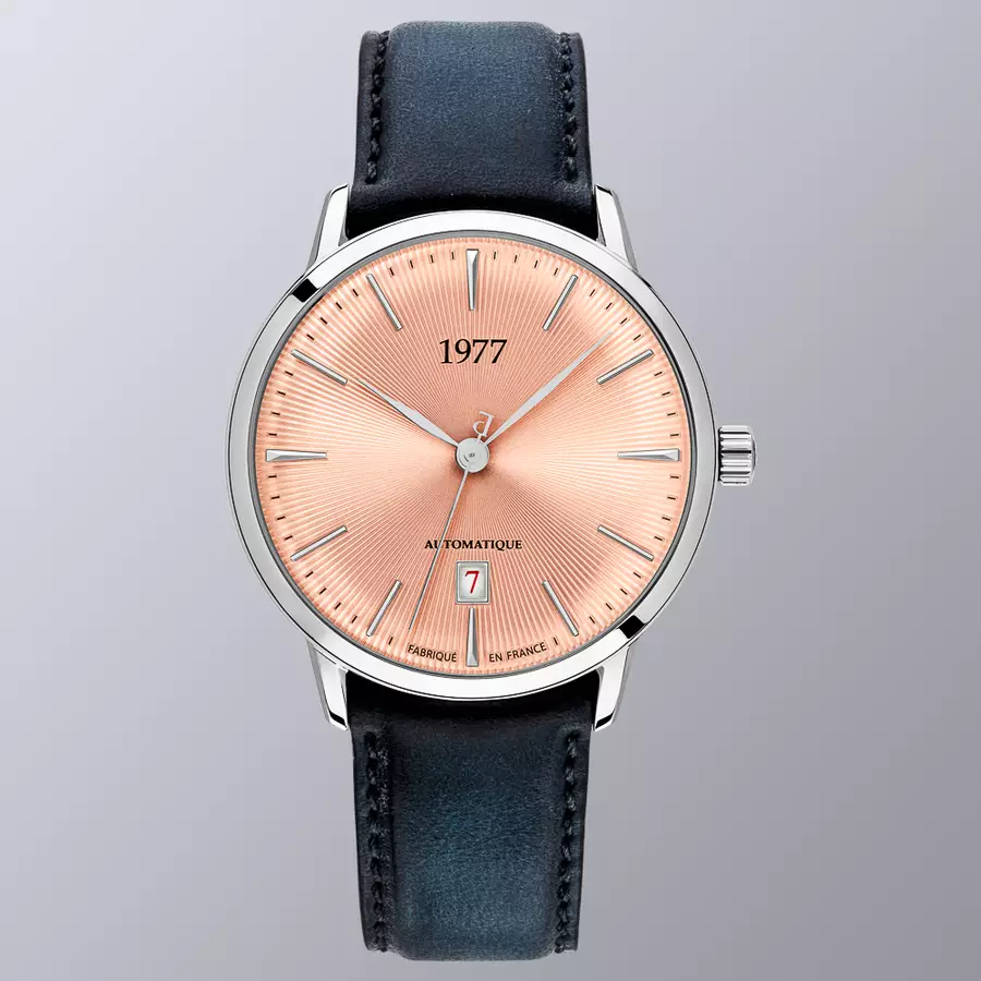 1977 EDMOND Automatique, 40 MM, Cadran Saumon, Bracelet Cuir Noir Men's Watch 1977P01156