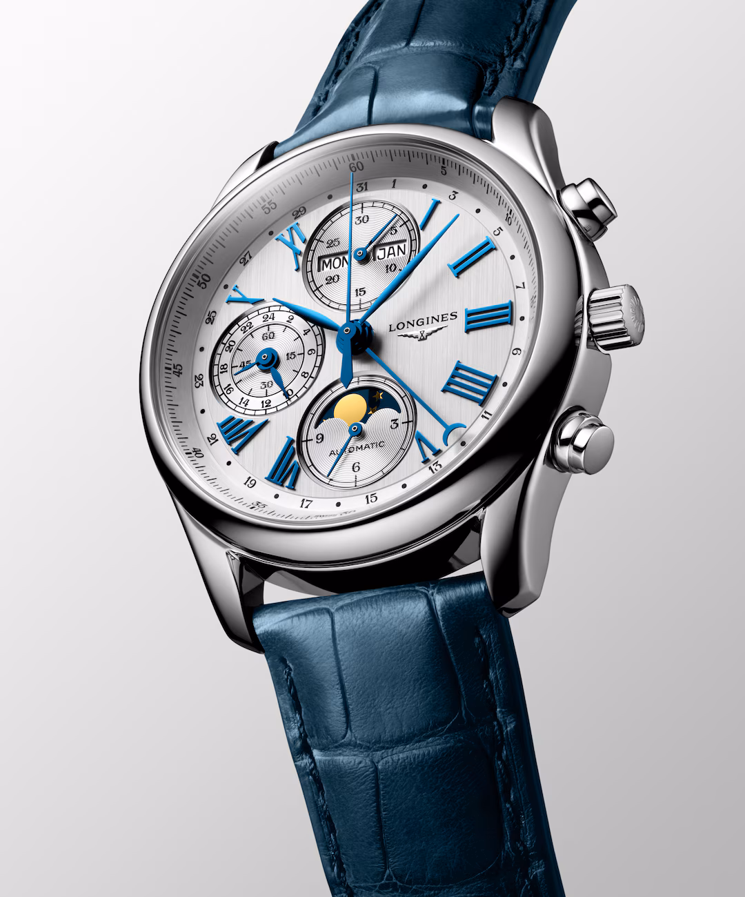 Longines Master Collection Chrono Mondphase Silber Lederband Herrenuhr L2.673.4.71.2