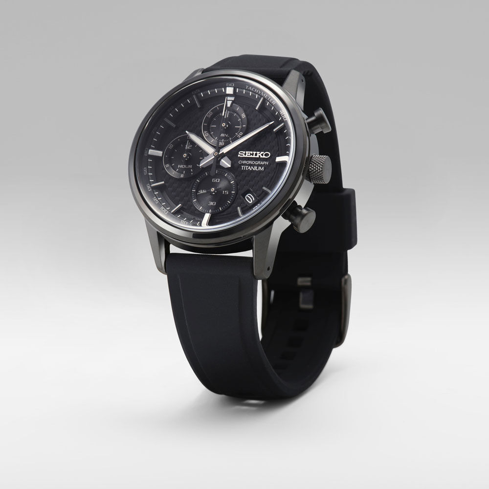 Uhr-Herren-Sport-Chronograph-Quarz-Zifferblatt-Schwarz-Armband-Silikon Seiko Seiko Titanium Chronograph SSB393P1 Men's Watch