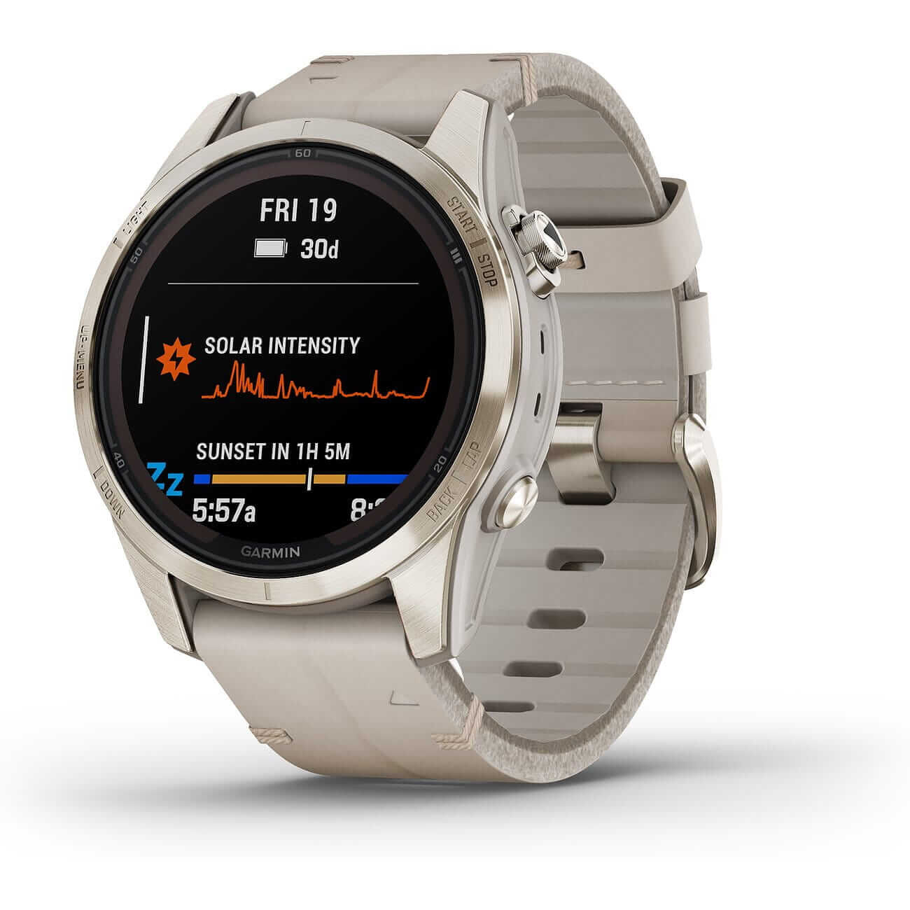 88786271_2 Garmin fēnix® 7S Pro Sapphire Solar Beige/Softgold mit Lederarmband und Silikonband 010-02776-30