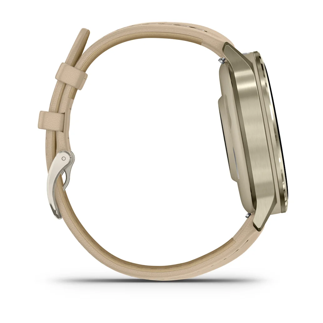 Garmin Venu® 4 - 41 mm Beige/Lunargold mit Schnellwechsel-Leder-Armband 18 mm Heller Sand Unisexuhr 010-03013-03