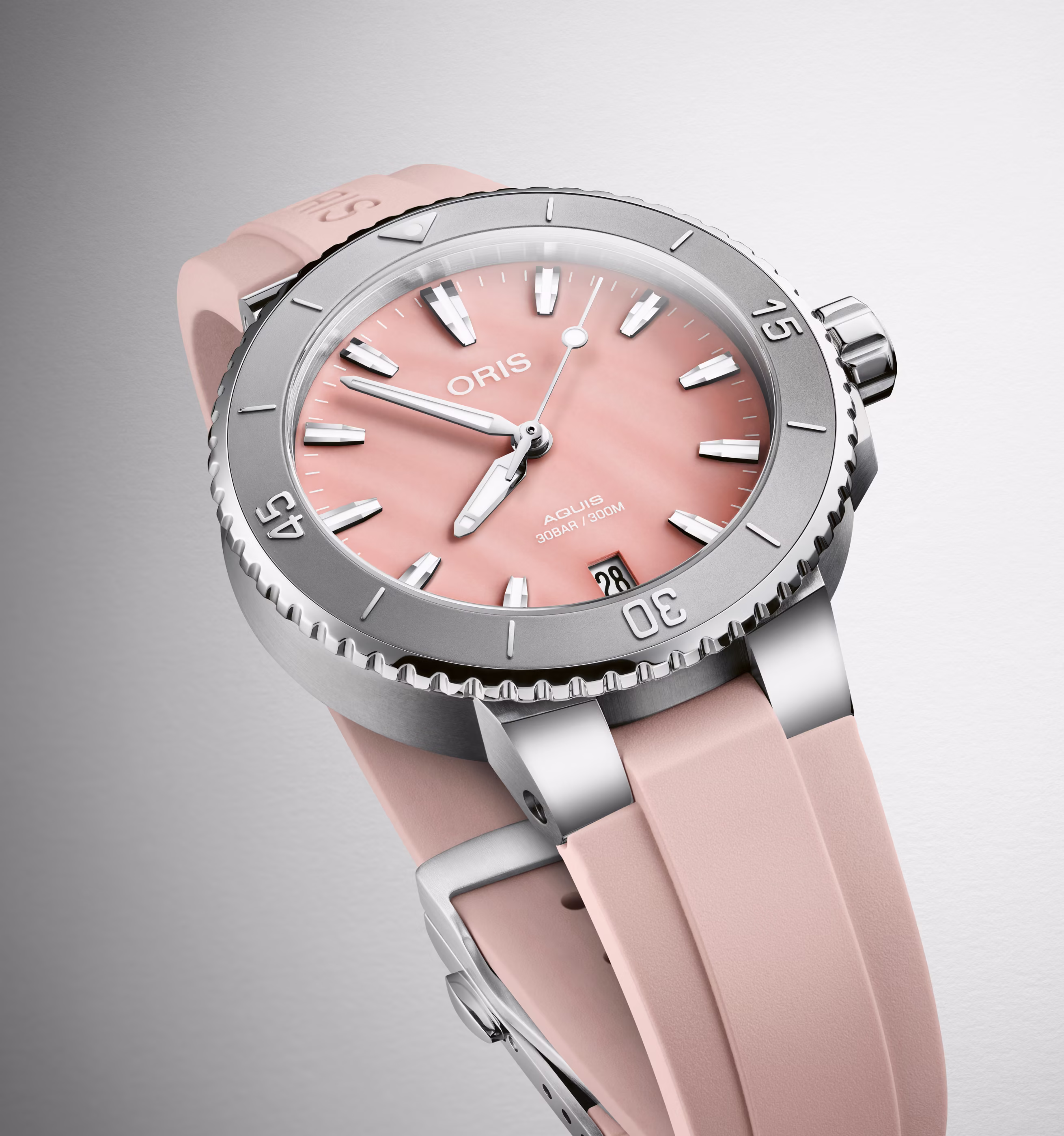 Oris Aquis Date 36,5mmKautschukband Perlmutt Rot Damenuhr 01 733 7770 4158-07 4 18 66FC