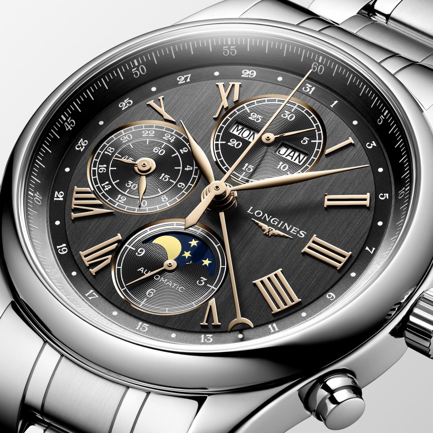 Longines Master Collection Chrono Mondphase Anthrazit Edelstahlband Herrenuhr L2.773.4.61.6
