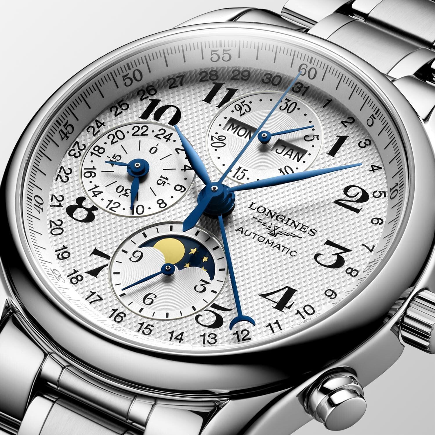 Longines Master Collection Chrono Mondphase Silber Edelstahlband Herrenuhr L2.673.4.78.6