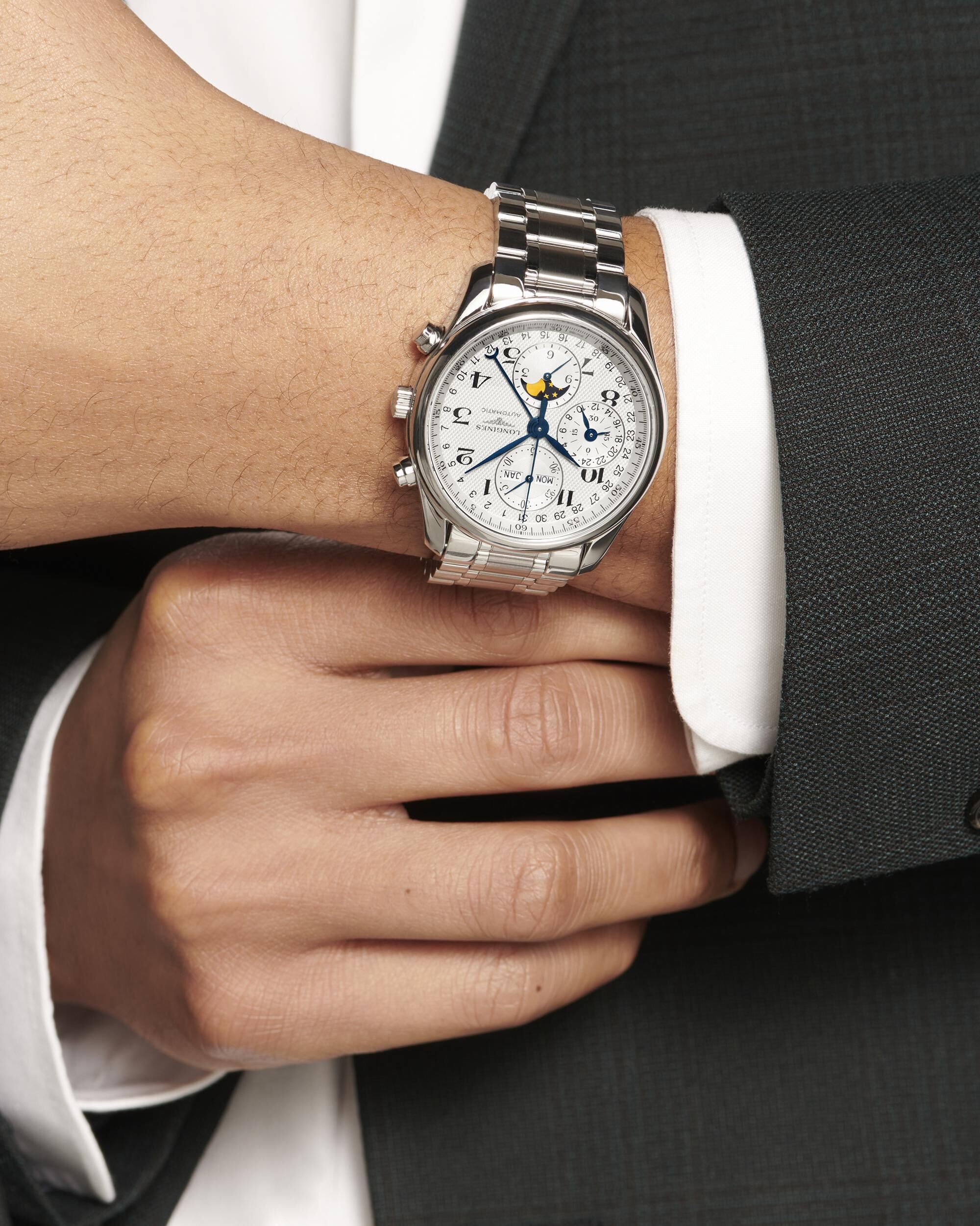 Longines Master Collection Chrono Mondphase Silber Edelstahlband Herrenuhr L2.673.4.78.6