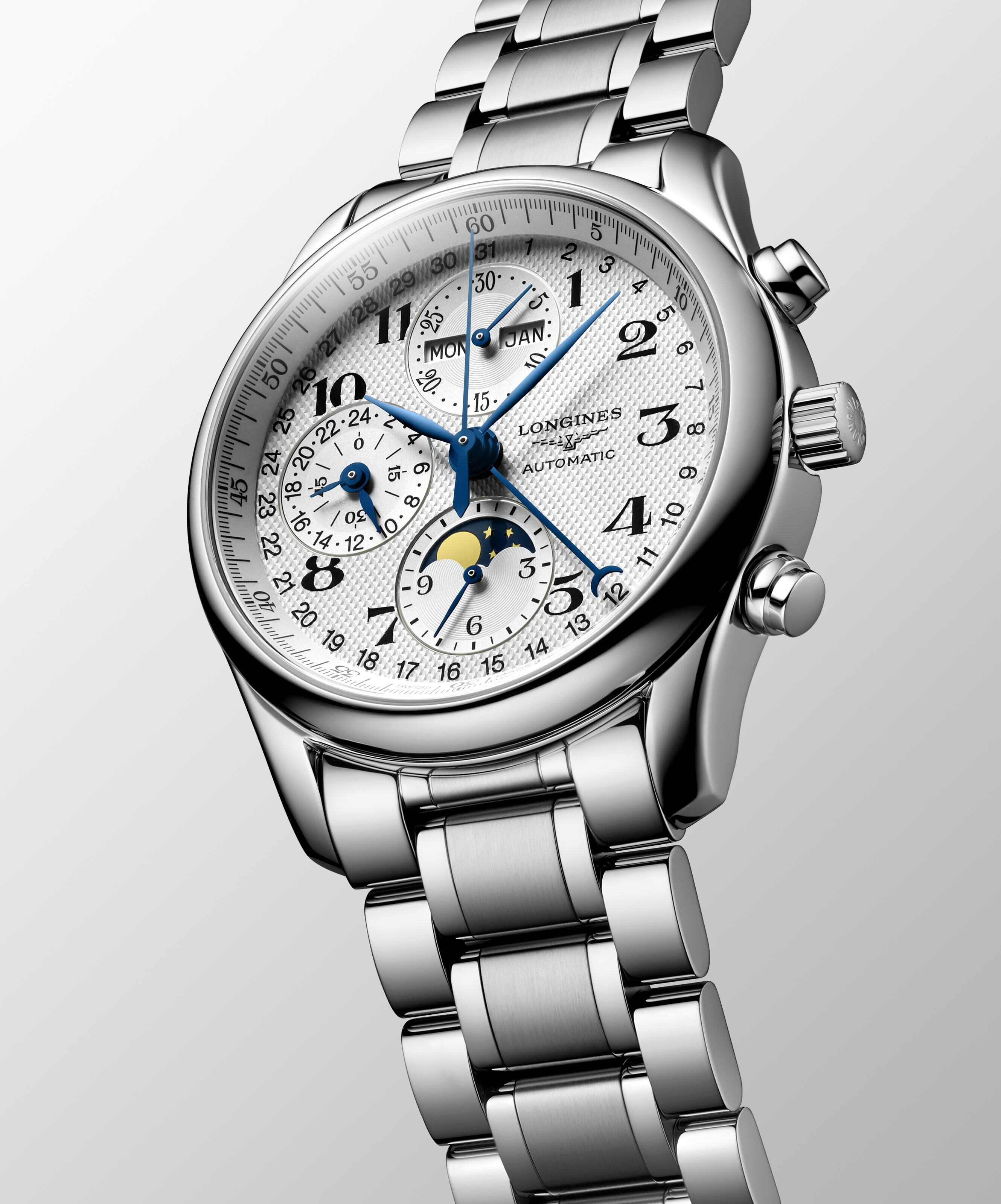 Longines Master Collection Chrono Mondphase Silber Edelstahlband Herrenuhr L2.673.4.78.6