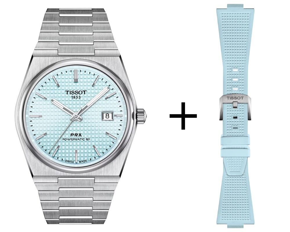 Tissot PRX Powermatic 80 Hellblau Ice Blue Herrenuhr T137.407.11.351.00 Set Kautschuk hellblau