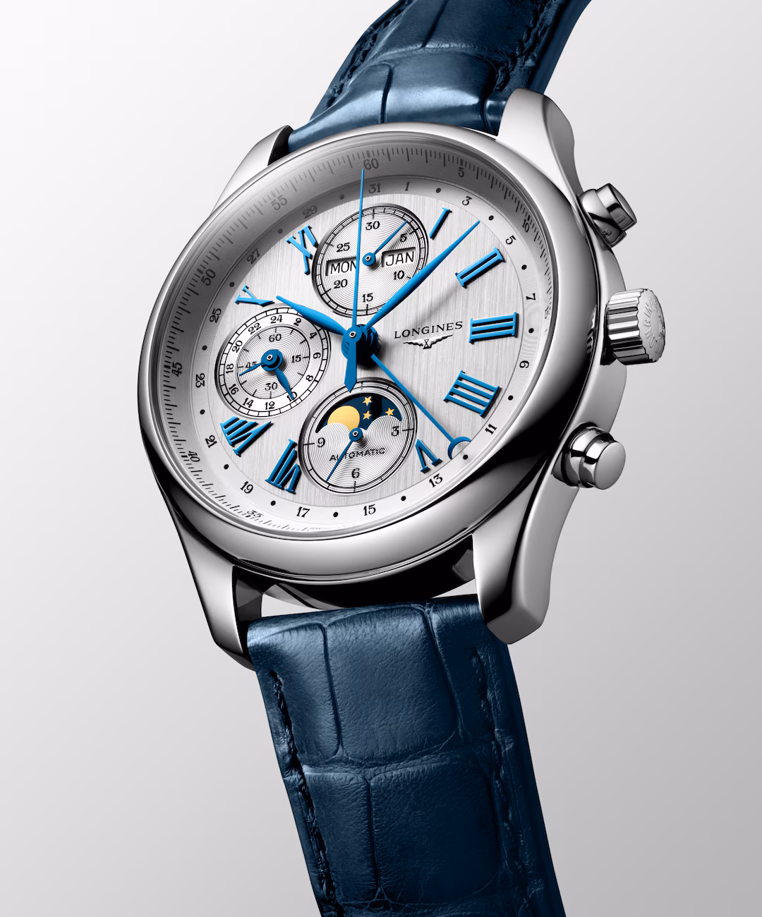 Longines Master Collection Chrono Mondphase Silber Lederband Herrenuhr L2.773.4.71.2