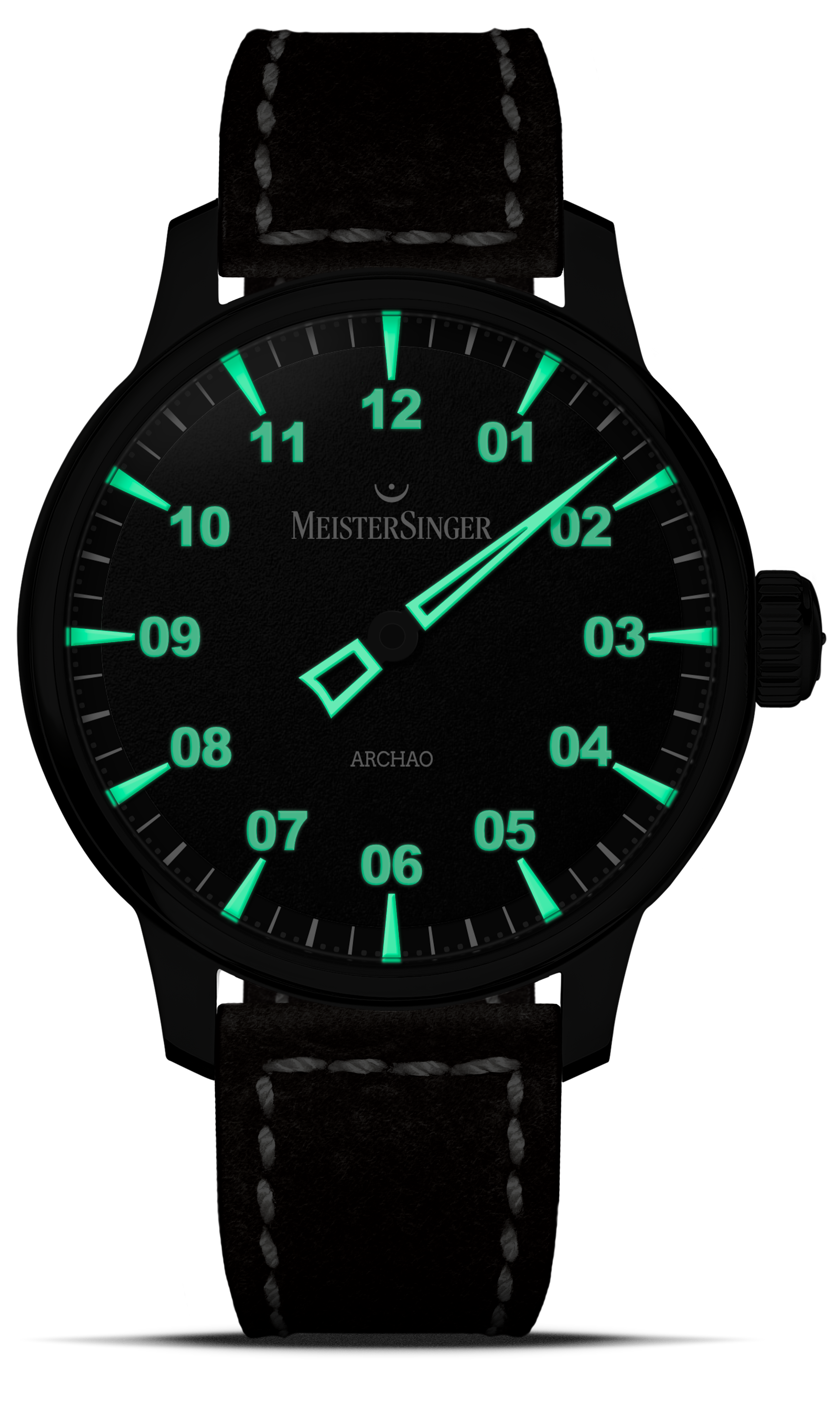 Meister Singer Archao DLC, Schwarz, Automatikwerk, 43 mm, Lederband Herrenuhr AR902BL