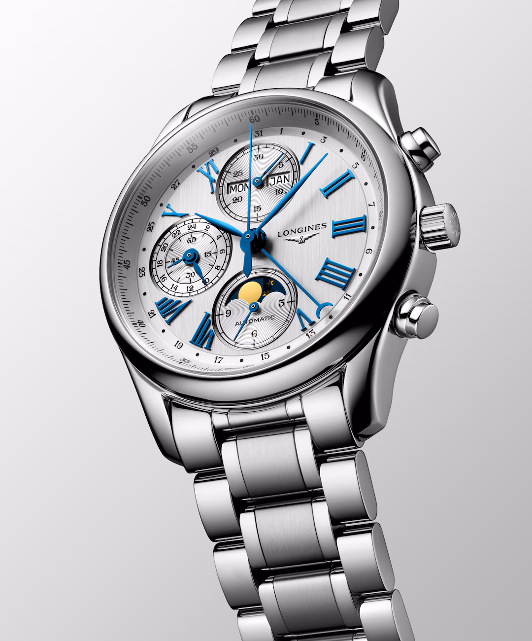 Longines Master Collection Chrono Mondphase Edelstahlband Silber Herrenuhr L2.673.4.71.6