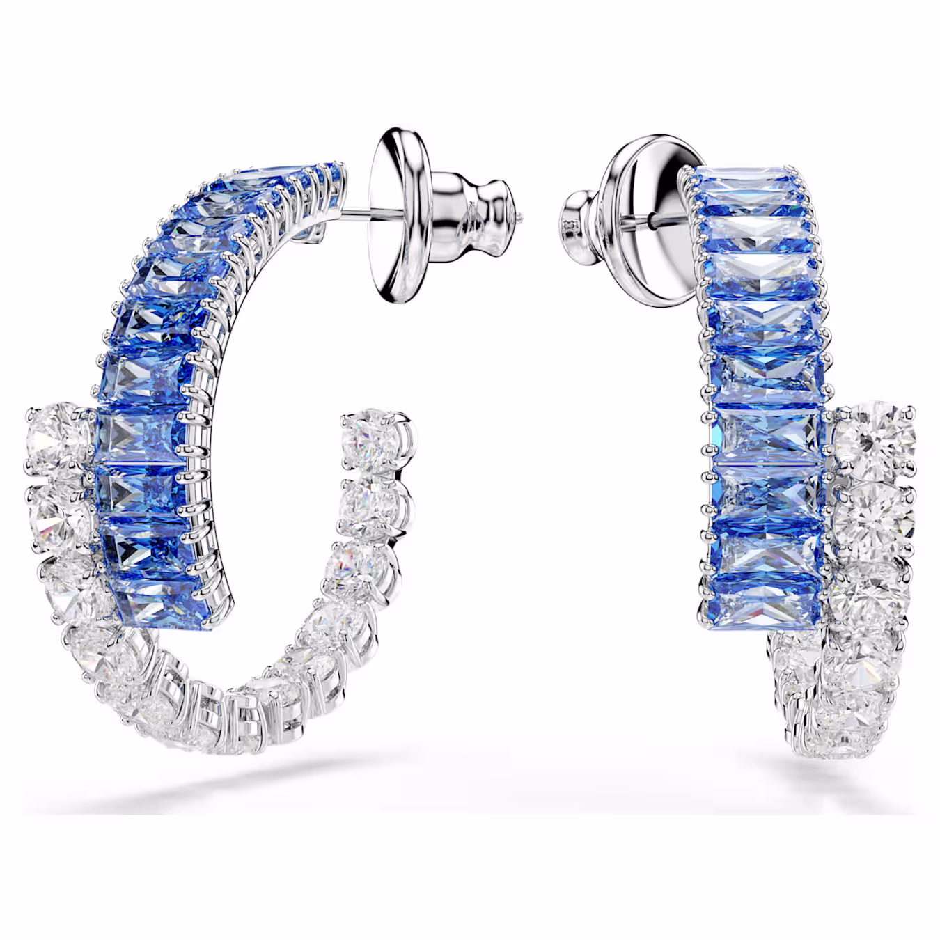 Swarovski Matrix hoop earrings, various cuts, blue, rhodium-plated