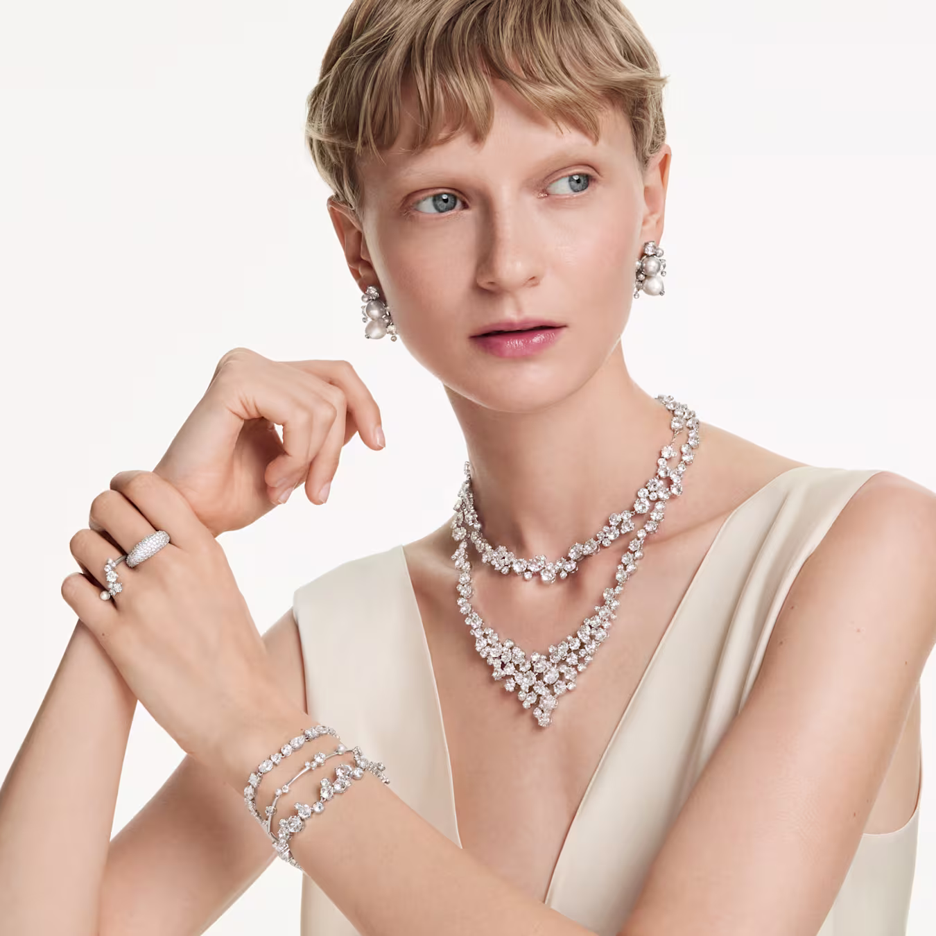 Swarovski Constella Halskette Rundschliff, Weiß, Rhodiniert